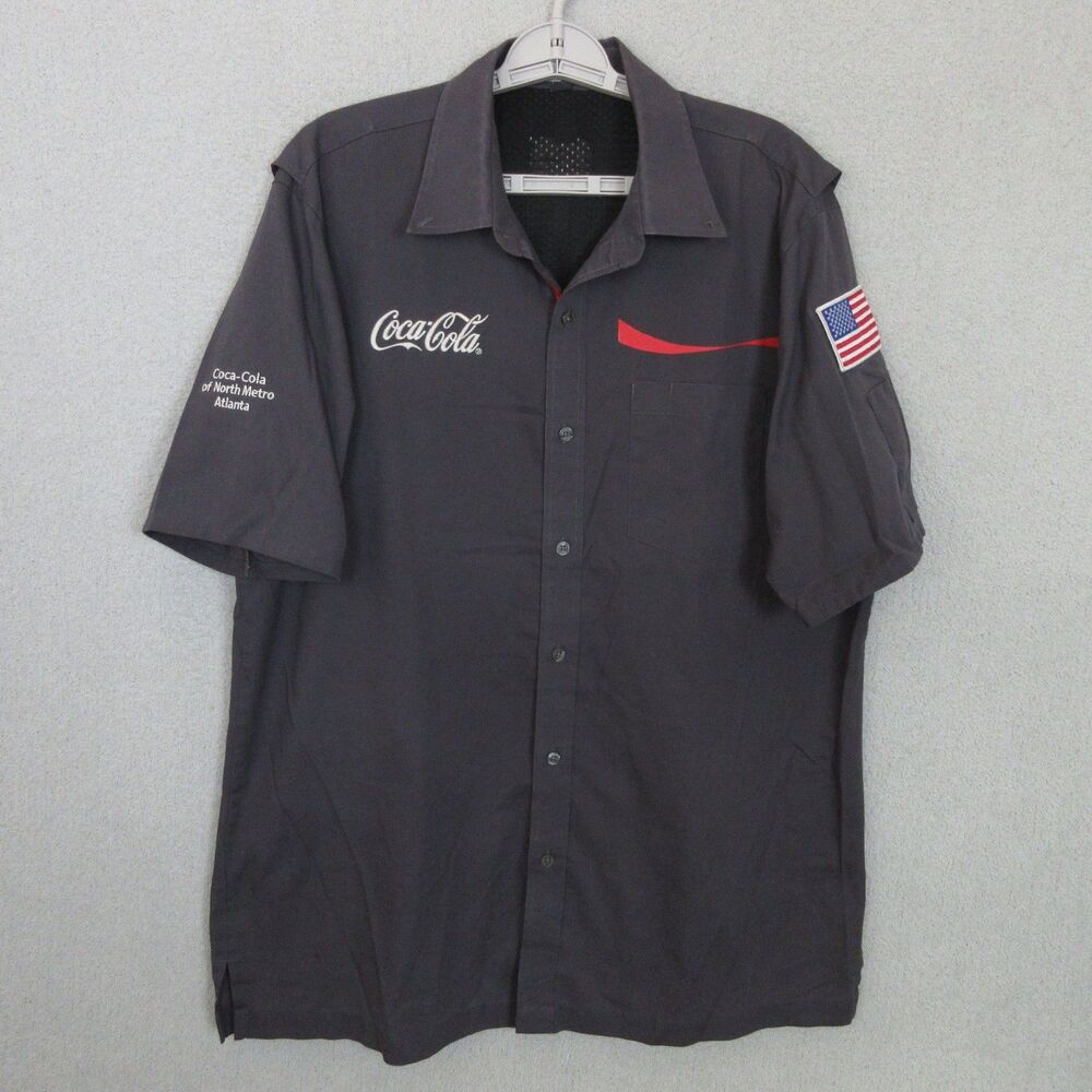 Coca-Cola Work Shirt Men L Doc & Amelia by Cintas Short Sleeve Gray US Flag Logo